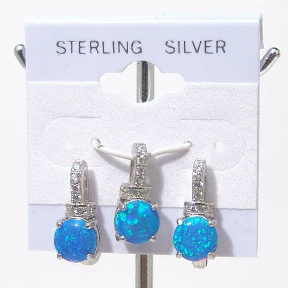 Sterling Silver Earrings and Pendant SET Lab-Created Opals Rhodium Anti-Tarnish - Picture 3 of 5